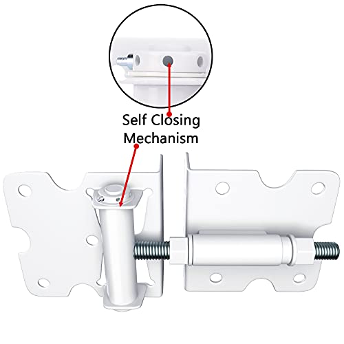 Self-Closing Gate Hinges, Heavy Duty for Vinyl/Wood/Metal Fence, Pack of 2, with Self-Tapping Screws and Adjuster Tool - color: White
