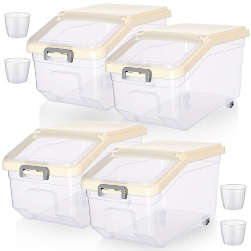 Sunnyray 4 Pcs Rice Storage Containers Bulk Flour Sugar Container Wheels Measuring Cups Set Airtight Pet Dog Cat Birds Food Bin Grain Cereal Organizer Box for Dry Baking(Beige,22 lb) - color: Beige, size: 22 lb