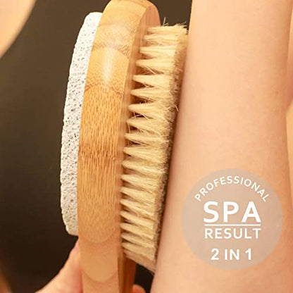 ICANdOIT 2 in 1 Long Handle Bath&Shower Brush,Bath Scrubber,Boar Bristle with Pumice Stone Exfoliate & Soften Skin,Dry Brushing Body Brush for Cellulite&Lymphatic Drainage
