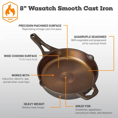 8 Inch Smooth Wasatch Pre-Seasoned Round Cast Iron Skillet - size: 8 Inch