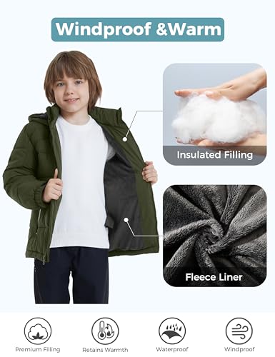 ZSHOW Boys' Puffer Jacket Soft Fleece Lined Winter Coat Outerwear Jacket - color: Amry Green, size: 6-7