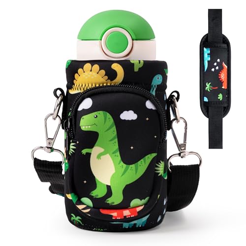 Water Bottle Carrier Bag with Strap for Kids - Water Bottle Bag Holder with Padded Strap Pocket 10/12/14/16/18Oz for Boys Girls School Walking Hiking Camping - style: Dinosaur