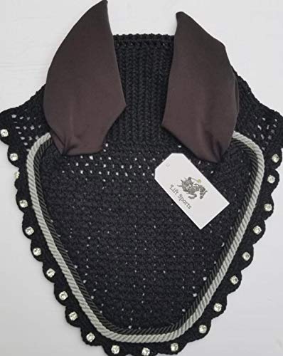 Horse Fly Bonnet with Ears Net Mask Veil with Crystals Blings Hand Made Breathable Cotton Crochet Shows Protect from Bugs and Flies (Full, Black)