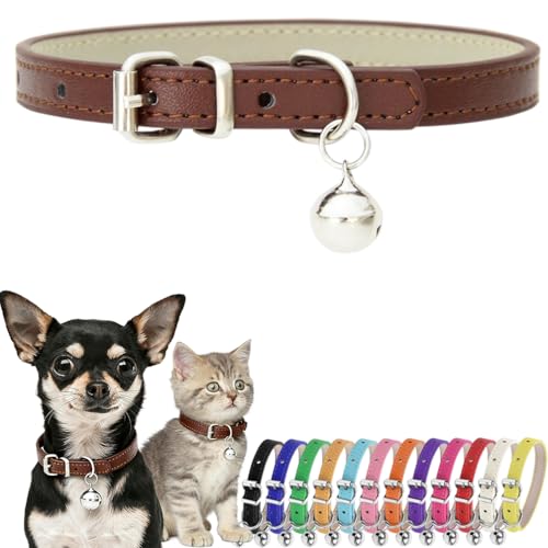 XXS Dog Collar with Bell, PU Leather Male Puppy Collar with Bells Brown - color: Brown, size: XXS (5-8 inches)
