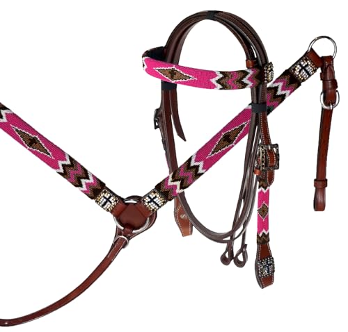Pony Leather Headstall and Breast Collar Set Color Beaded with Gold & Black Beaded Overlay and Cross - color: Pink