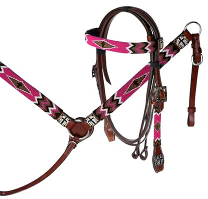 Pony Leather Headstall and Breast Collar Set Color Beaded with Gold & Black Beaded Overlay and Cross - color: Pink