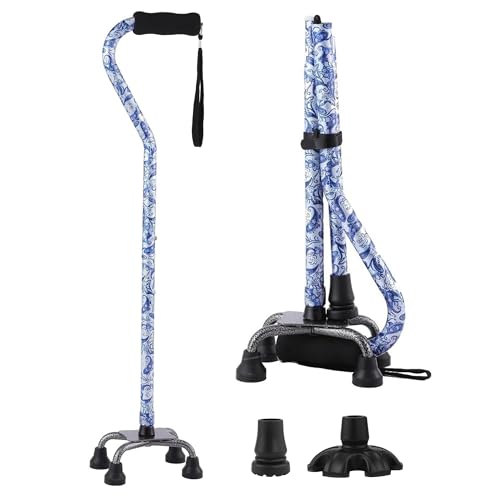 Floral Quad Cane for Women, Adjustable Walking Canes with 3-in-1 Interchangeable Base(3 Tips) for Versatile Support, Stylish & Stable Mobility Aid for Seniors Confidence - color: Blue&White Porcelain