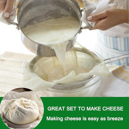 Large Fine Mesh Strainer with Sturdy Handle, 8.66” Stainless Steel Strainers, Bonus 20x20 Inch Reusable Cotton Cheese Cloths with 4 Hemmed Edges, Sieve Sifter for Straining, Cooking, Baking