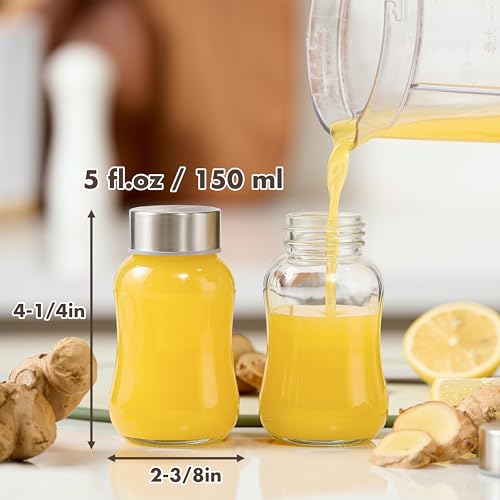 Danmu Glass Juice Bottles with Lids 5 fl.oz 6 Pack | Juicing Bottles Reusable Glass,Stainless Steel Lids,Leakproof,Compact Size & Easy Grip,Dishwasher Safe,Fridge Safe,Portable - size: 5 fl.oz