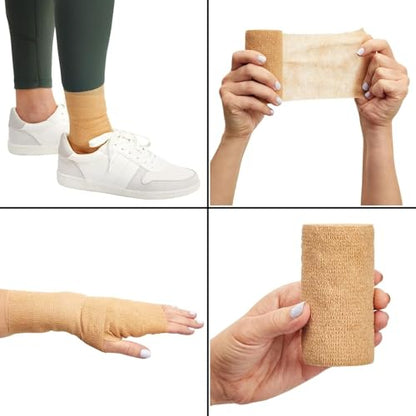 Juvale Bandage Wrap - 4 in x 5 yd, Tan, 6 Rolls - Self Adherent Cohesive Tape & Elastic Support - Breathable Vet Wrap & Medical Tape for Sports & Tattoo (Pack of 2) - size: 4" x 5 Yards (Pack of 2)