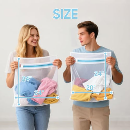 4 Pack Large Fine Mesh Laundry Bags for Delicates, 2pcs 24" x 24" & 2pcs 20" x 24" Extra Large Washing Machine Bags with Auto-Lock Zipper, Protective Wash Bag for Bedding Garments Travel Storage
