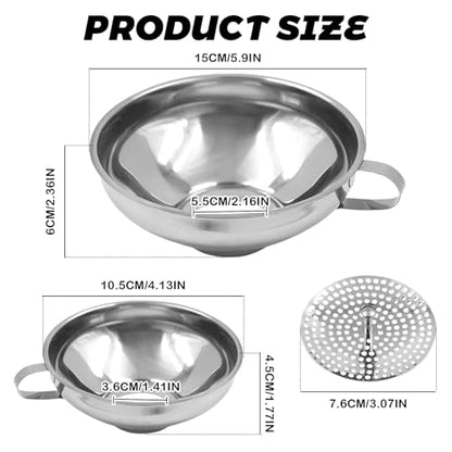 3 Pack Canning Funnel with Strainer, Stainless Steel Wide Mouth Funnels for Small and Large, Canning Supplies Kit for Kitchen Use Filling Bottles