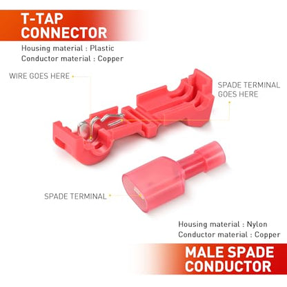 Nilight 120PCS/60 Pairs Red T-Tap Quick Splice Disconnect Wire Terminals - size: 120Pcs 22-16AWG