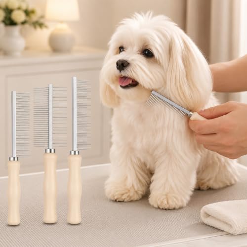 3 Pcs Metal Dog Grooming Comb with Wooden Handle for Grooming Matting | Metal Comb for Dogs Pet Grooming Comb for Dogs and Cats, Prevents Hair Pulling