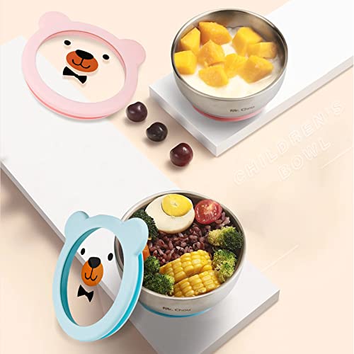 MR. CHOU Baby Bowls with Non-Slip Silicone Suction Cup, Insulated Double-Layer 18/8 Stainless Steel Toddler Bowls with BPA Free Airtight Lids, Food-Grade Silicone Safe for Kids (Blue) - color: Blue