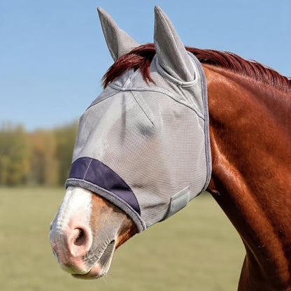 Horse Fly Mask, Super Comfort Fly Masks for Horses, Adjustable UV Protection Breathability Horses Fly Masks with Ears, Pony Mini Equine Fly Mask for Miniature Foal Draft Cob Srabian Full (Gray, M) - size: M