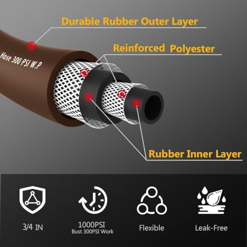 Guitrees Garden Hose 50FT x 3/4", Heavy Duty Rubber Hose, Water Hose with Five Layered Braiding, Male to Female Fittings, 1000PSI Burst, 300PSI Working (Brown) - color: Brown, size: 3/4 50FT Male to Female