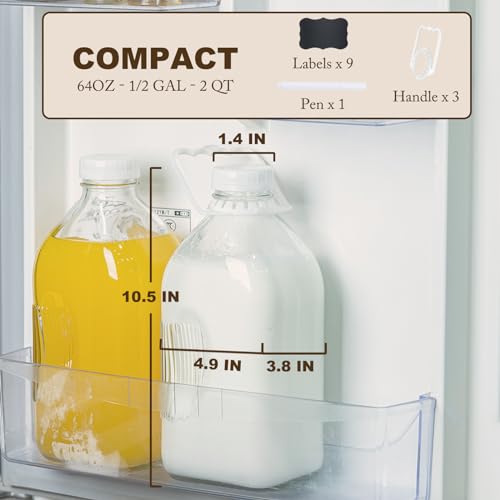 FyndraX Glass Milk Jugs Containers - Half Gallon Juice Bottles with Airtight Screw Cap and Handle for Milk, Breastmilk, Iced Tea, Cold Water, 64OZ Pitcher Set of 3 - color: 3 Pack