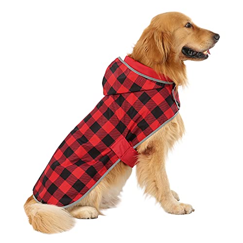 HDE 2-in-1 Reversible Dog Raincoat Hooded Poncho Rain Jacket Red Plaid L - color: Buffalo Plaid / Red, size: Large