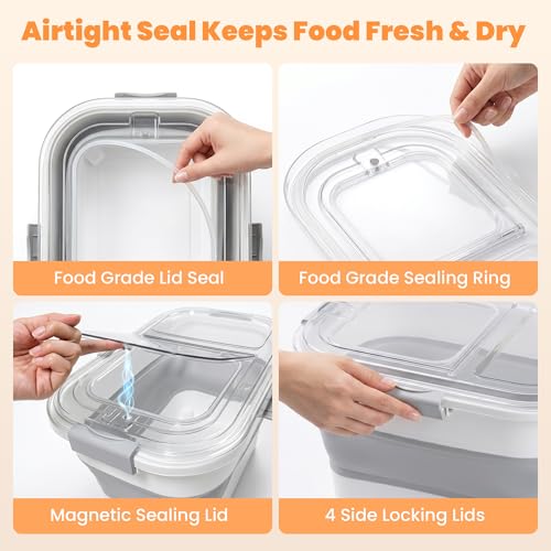 30 Lbs Rice Container, Collapsible Dog Food Storage Container | Airtight Cat Food Container with Wheels, Transparent Lid, Measuring Cup, Scoop and Handle, BPA Free for Pet Food, Bird Seed - size: 30lbs