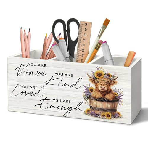 Inspirational Highland Cow Pen Holder Organizer for Desk Accessories - color: Cow-5, size: 2.5"D x 7.8"W x 3.5"H