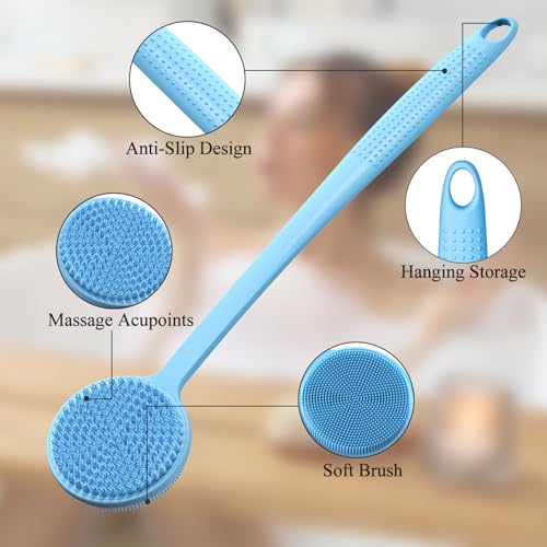 Silicone Back Scrubber for Shower, 17in Lengthen Long Handle Body Brush, Double Sided Shower Brush for Shower Exfoliating and Massage Can Produce Rich Foam, Long Handle Back Scrubber for Men - color: Blue