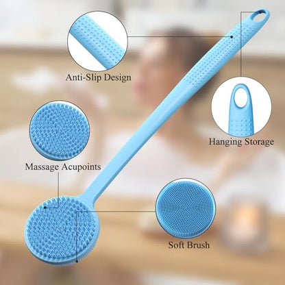 Silicone Back Scrubber for Shower, 17in Lengthen Long Handle Body Brush, Double Sided Shower Brush for Shower Exfoliating and Massage Can Produce Rich Foam, Long Handle Back Scrubber for Men - color: Blue