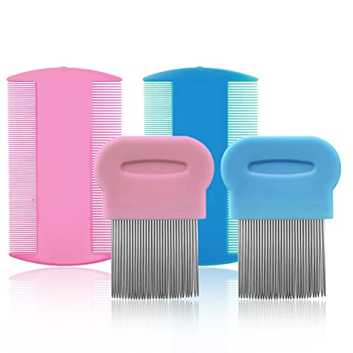 SKYPIA Combs Set, 4 Packs Pet Lice Combs for Cats Dogs Plastic and Stainless Steel Flea Combs, Dandruff Remover, Dog Grooming Comb, Identify Skin Problems, Large, Blue, Pink, Silver