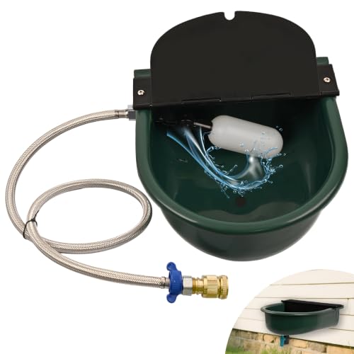 Automatic Water Dispenser for Dogs with Drain Hole & Drain Valve, 1 Gallon Auto Dog Water Bowl Outdoor with Float Valve, Hose Quick Connect Fitting, for Livestock, Chicken, Horse (Green)
