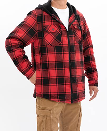 ZENTHACE Men's Sherpa Lined Full Zip Hooded Plaid Shirt Jacket - color: Red Black, size: Medium