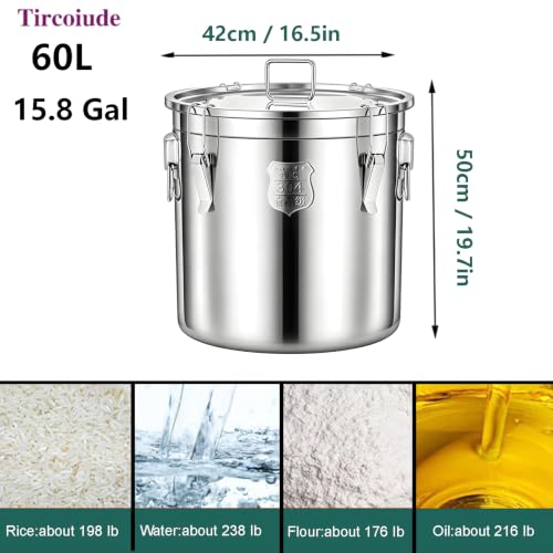 304 Stainless Steel Food Storage Containers, 90-110 Lbs Large Rice Container Airtight Canister, 15.8gal Stainless Steel Bucket With Lid for Storage Rice Flour Grain (60L) - size: Standard 60L/15.8gal