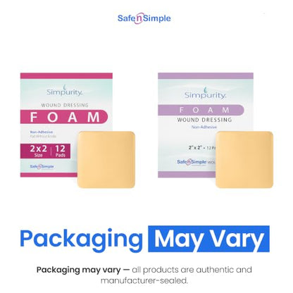 Safe n' Simple Medical Dressing for Wounds - 12 Pack Thick Pads 2" x 2" - Highly Absorbent Non-Adherent Foam Padding