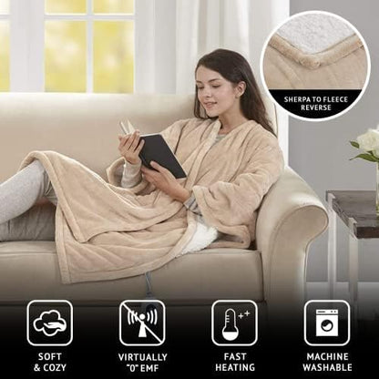 Beautyrest Wearable Electric Poncho Wrap Blanket, Ultra Soft Sherpa & Berber Fleece Heated Throw with Low EMF, UL Certified & OEKO-TEX, 3 Heat Settings & 2 Hour Auto Shutoff, Gift-Ready, 50"x64",Tan - color: Tan, size: 50 in x 64 in