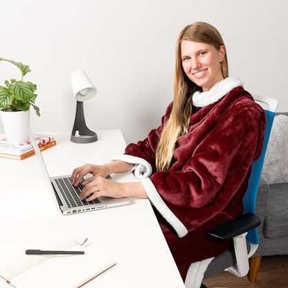 PAVILIA Sherpa Wearable Blanket with Sleeves and Pocket, Plush Thick Cozy Body Blanket Wrap for Adult Women Men, Christmas Gift for Wife Mom, Burgundy Red - color: Wine