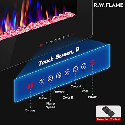 R.W.FLAME 68 inch Recessed and Wall Mounted Electric Fireplace, Ultra Thin and Low Noise,Fit for 2 x 6 Stud, Remote Control with Timer,Touch Screen,Adjustable Flame Color and Speed - size: 68"