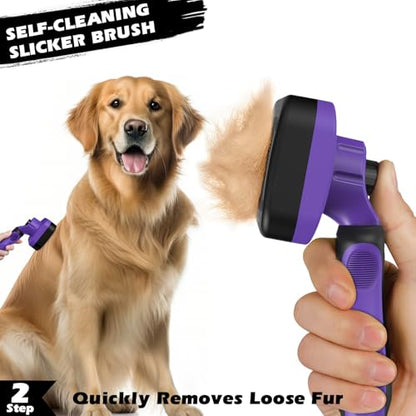 Professional 3PCS Self Cleaning Slicker Brush & Pet Grooming Rake & Flea Comb for Dogs,Cats and Horses | Double-Sided Dematting Comb & Skin Friendly Deshedding Grooming Tool | Pet Supplies (Purple) - color: Purple