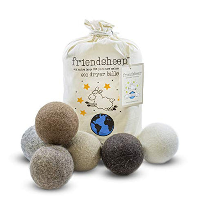 Friendsheep Wool Dryer Balls, Organic Reusable Fabric Softener Alternative for Laundry, Handmade, Fair Trade, Hypoallergenic, Eco-Friendly, Plastic-Free (6 Pack XL - Natural Mystic) | Reusable fabric softener alternative Organic wool, handmade, fair trade