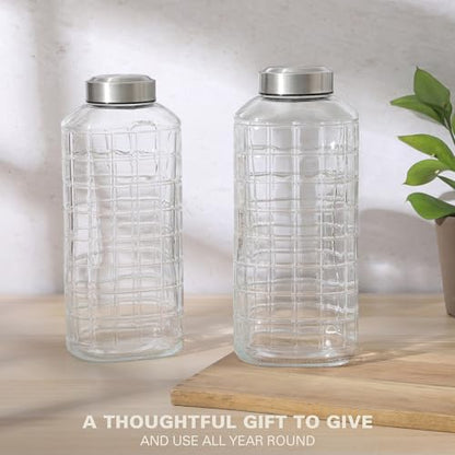 Gibson Home Whistler Peak 2 Pack 64 OZ (1.9 Liters) Large Embossed Reusable Glass Bottles w/Airtight Leakproof Stainless Steel Lid, Pitcher for Water, Milk, Juice - Dishwasher Safe - color: Whistler Peak (64oz), size: 64 Ounces