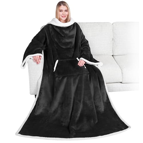 PAVILIA Sherpa Wearable Blanket with Sleeves and Pocket, Plush Thick Cozy Body Blanket Wrap for Adult Women Men, Christmas Gift for Wife Mom, Black - color: Black