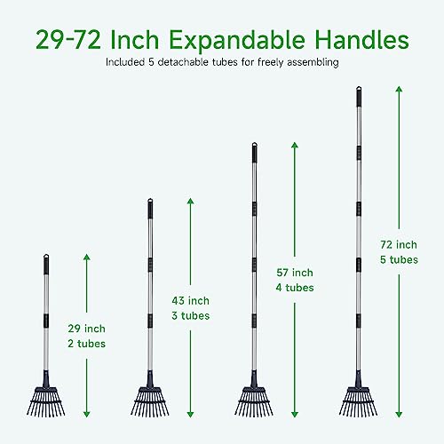GreatBuddy Adjustable Leaf Rake, 8'' Wide Metal Rake, Perfect for Shrub, Flower Bed & Small Area, 29''- 72'' Expandable Stainless Steel Handle, Easy to Use - size: 11Tine