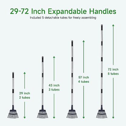 GreatBuddy Adjustable Leaf Rake, 8'' Wide Metal Rake, Perfect for Shrub, Flower Bed & Small Area, 29''- 72'' Expandable Stainless Steel Handle, Easy to Use - size: 11Tine