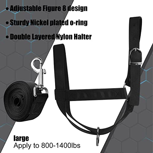 Windyun 2 Pieces Nylon Cow Halter with 2 Pieces Leading Rope Adjustable Foal Halter Horse Calf Harness for Donkey Cattle Goat Training(Black)
