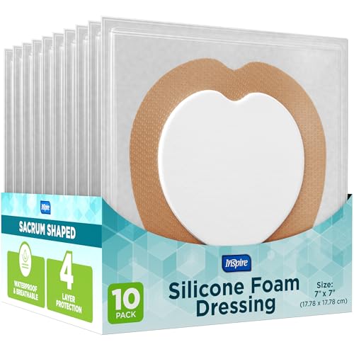 Inspire Sacral Silicone Foam Dressing Large Waterproof Bandages for Wounds, Burns & Bed Sores Safe for Sensitive Skin, Adhesive Pad Sacrum Dressings for Post-Surgery Wound Care (7 x 7 in) (10 Pack) - size: 10 Pack