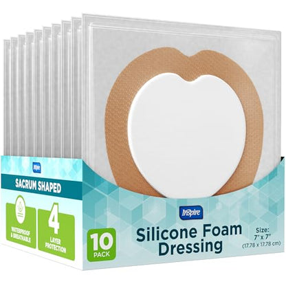 Inspire Sacral Silicone Foam Dressing Large Waterproof Bandages for Wounds, Burns & Bed Sores Safe for Sensitive Skin, Adhesive Pad Sacrum Dressings for Post-Surgery Wound Care (7 x 7 in) (10 Pack) - size: 10 Pack