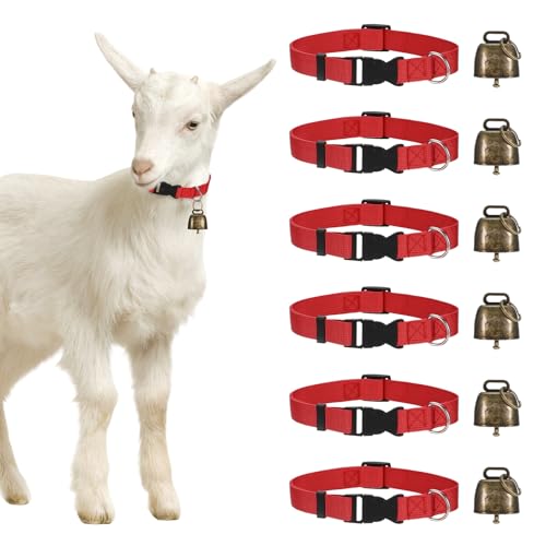 Generic 6-Pack Goat Collars with Bells, 13.8"-20.5" Polyester Adjustable Pet Collar with Anti-Lost Grazing Copper Bell for Small Farm Animal/Sheep/Cow/Goat [Red]