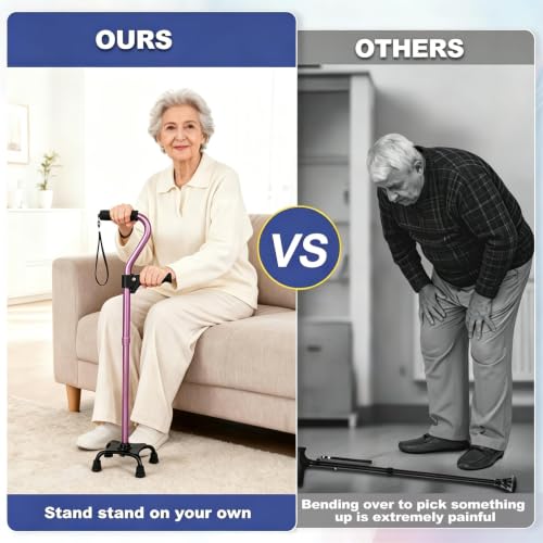 Stand Secure Cane with Stand Up Assist Handle for Elderly, 4 Prong Adjustable Walking Canes for Seniors Women and Men, Non-Slip Wide Base, Aluminum Foldable Stand Cane - color: Light Purple
