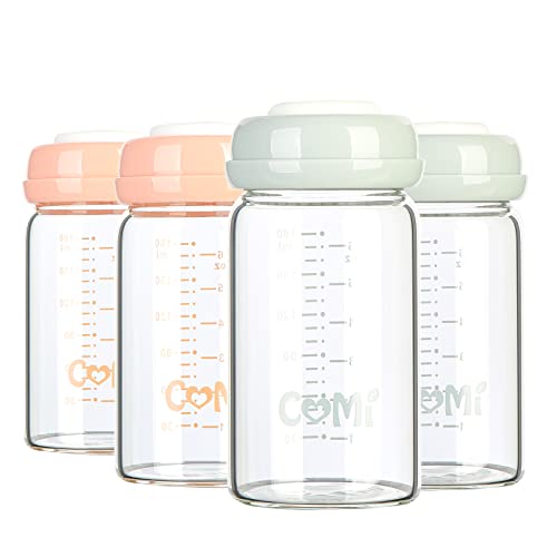 COMI Wide Neck Glass Breastmilk Collection n Storage Bottle, 4 Packs, 6oz with Screw Ring Sealing Disk; Re-markable Sealing Disc. BPA Free, Fits Breast Pumps & Nipples (2 Gray Lids + 2 Pink Lids) - style: 180ml 2PINK+2GRAY