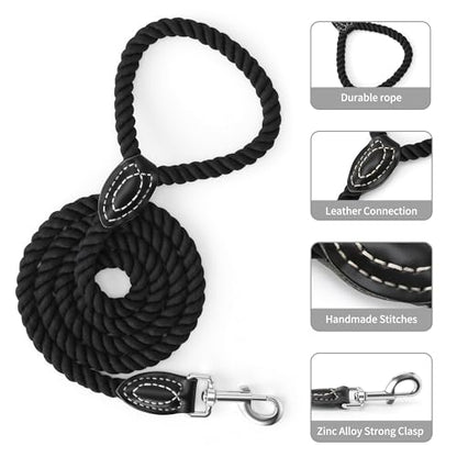 Mile High Life Dog Leash Braided Cotton Rope with Leather-Reinforced Ends - color: Black, size: 48 Inch-1/2"