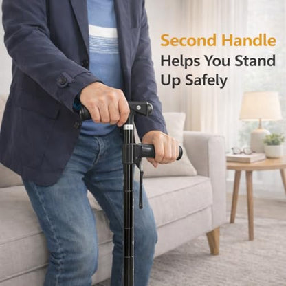 Folding Walking Cane for Seniors, Second Handle, Quad Base