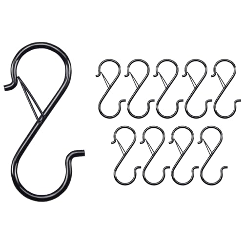 10 PCS S Hooks for Hanging, 3.5 Inch Heavy Duty S Hooks with Safety Buckle, Metal Hook for Closet, Kitchen, Plants, Hanging Plant Hooks for Clothes, Bags, Cups, Utensils (Black, 10PCS) - size: 10 Pieces